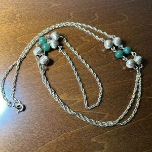 Vintage 12kt Gold and Green Beaded Long Twisted Rope Chain Necklace Textured